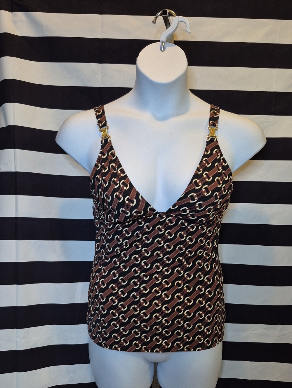 Michael Kors Brown Chain-Print V-Neck Swim Tank with Gold Hardware